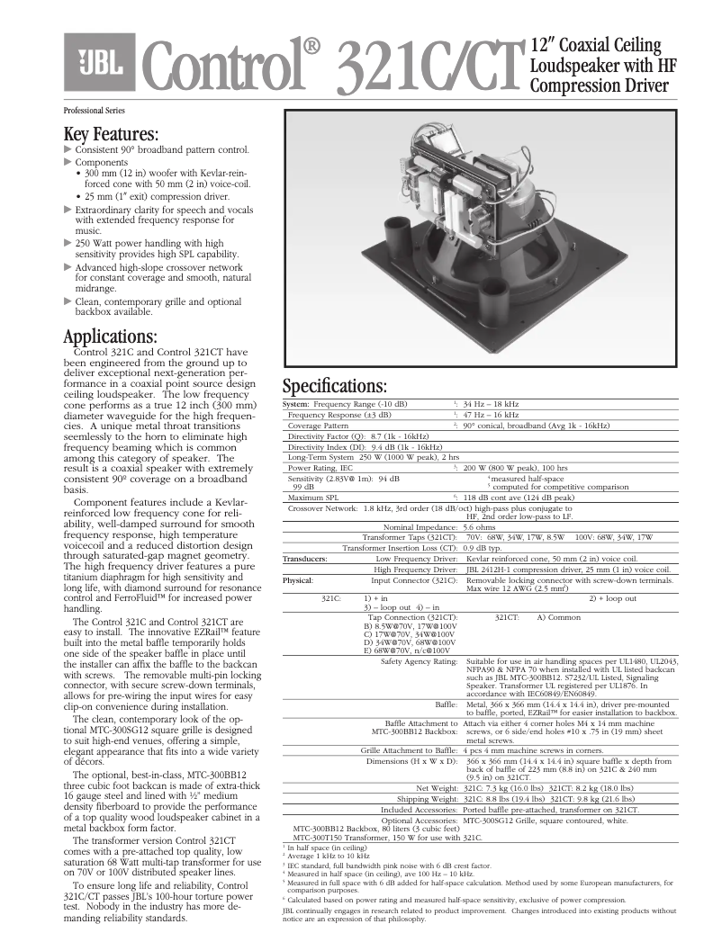 Page 1 of the manual Technical Sheet JBL Control 321CT