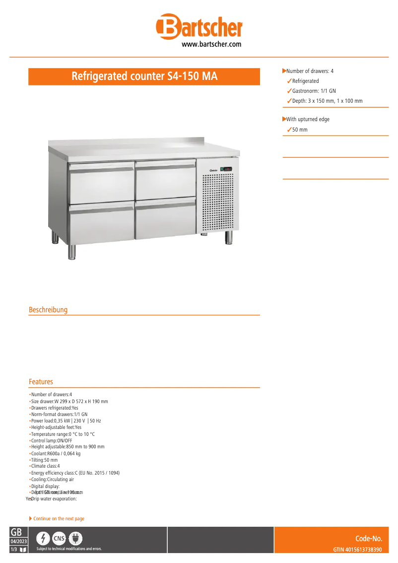 Page 1 of the manual Technical Sheet Bartscher S4-150