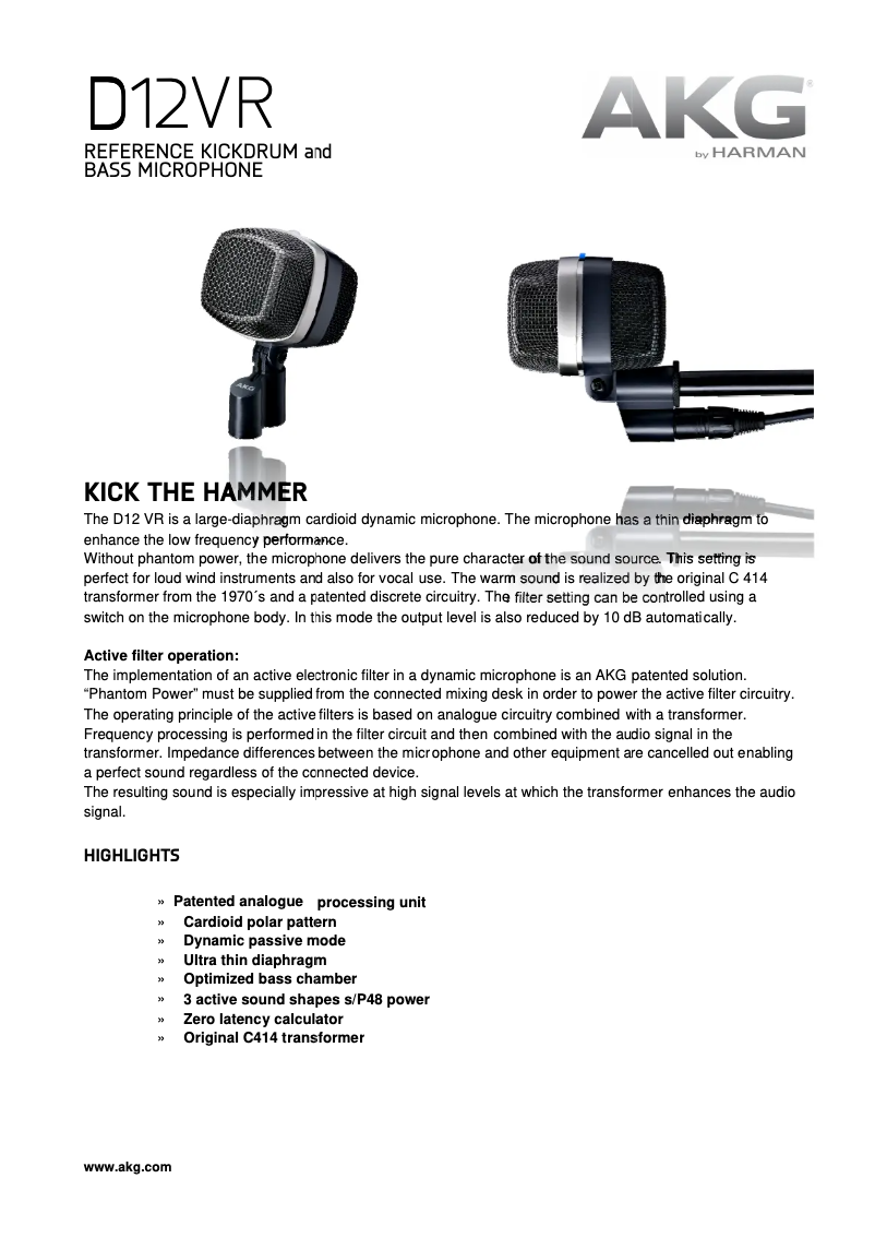 Page 1 of the manual Technical Sheet AKG D12 VR