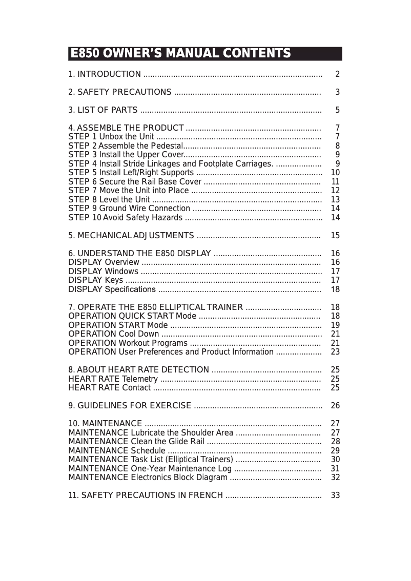 Page 1 of the manual User Manual SportsArt E850