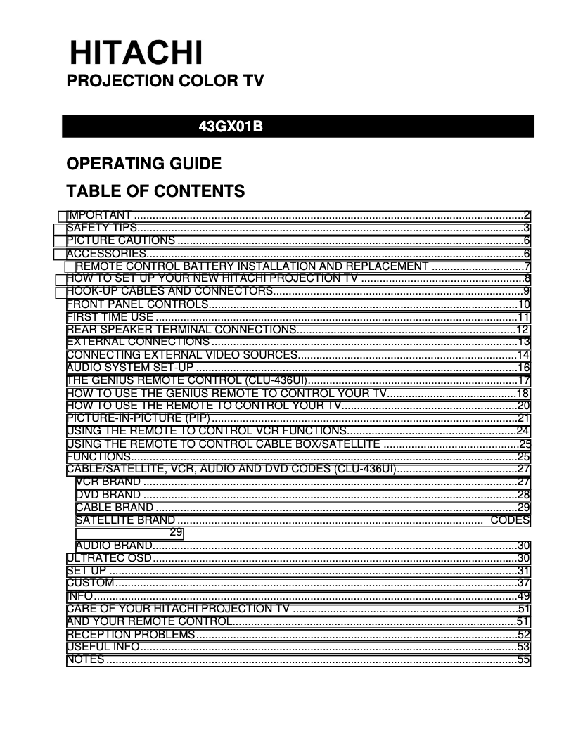 Page 1 of the manual User Manual Hitachi 43GX01B