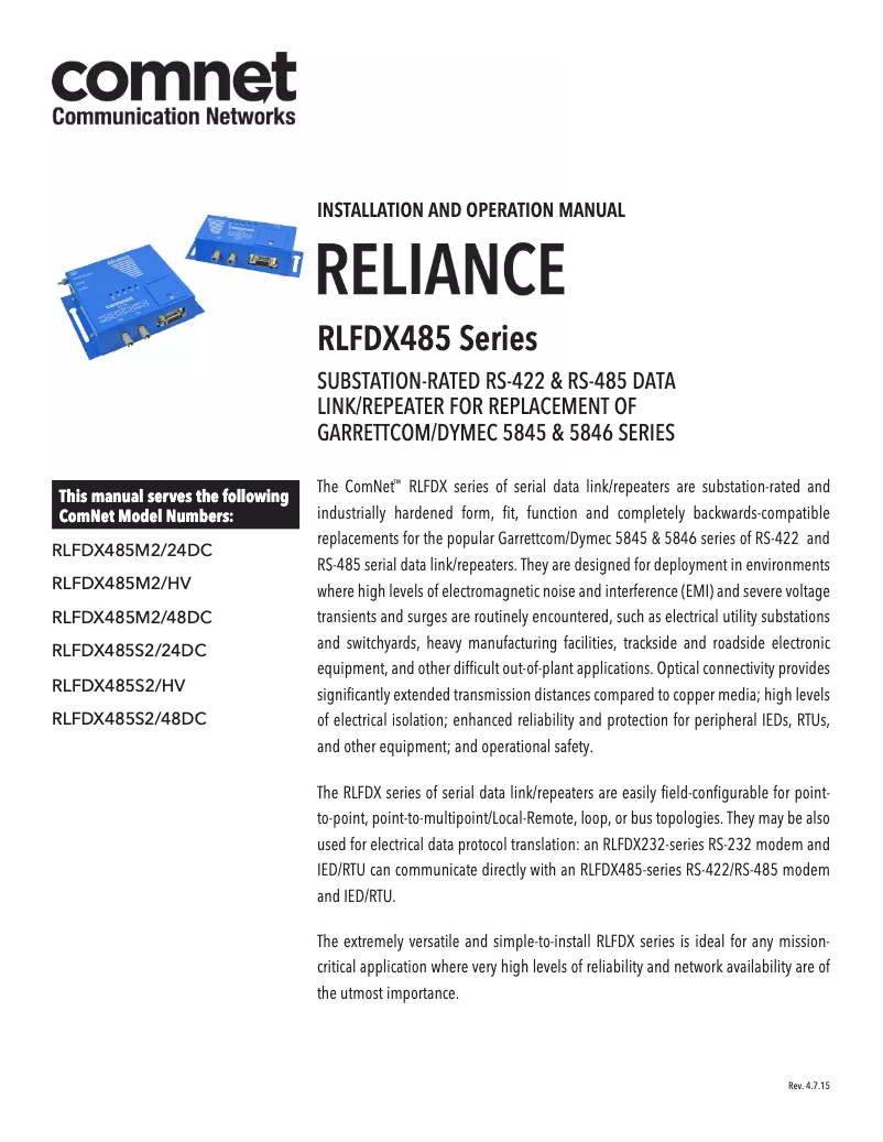 First page image of the manual for RLFDX485S2/24DC