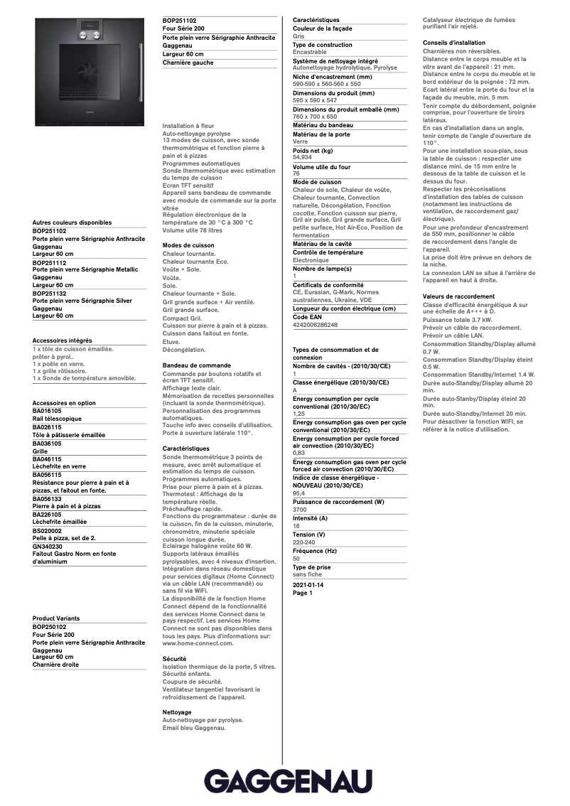 Page 1 of the manual Technical Sheet Gaggenau BOP251102