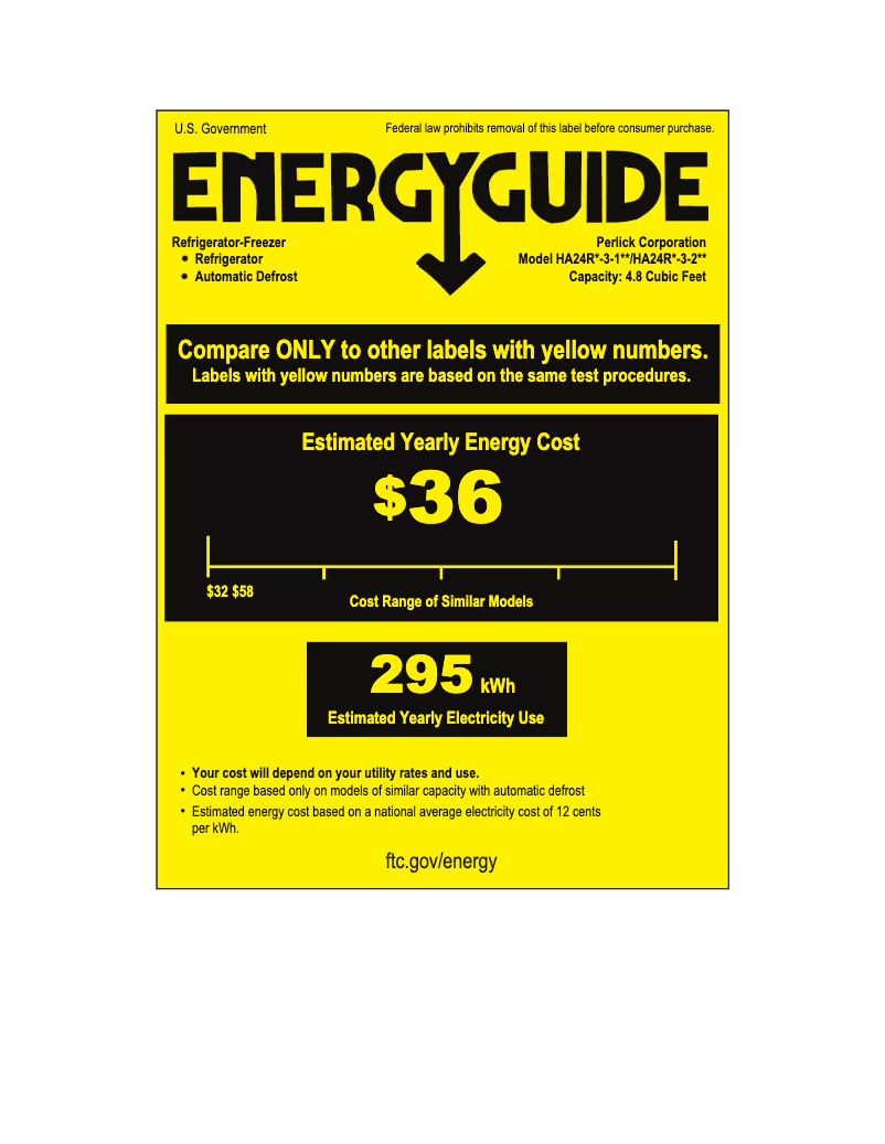 Page 1 of the manual Energy Label Perlick HA24RB-3