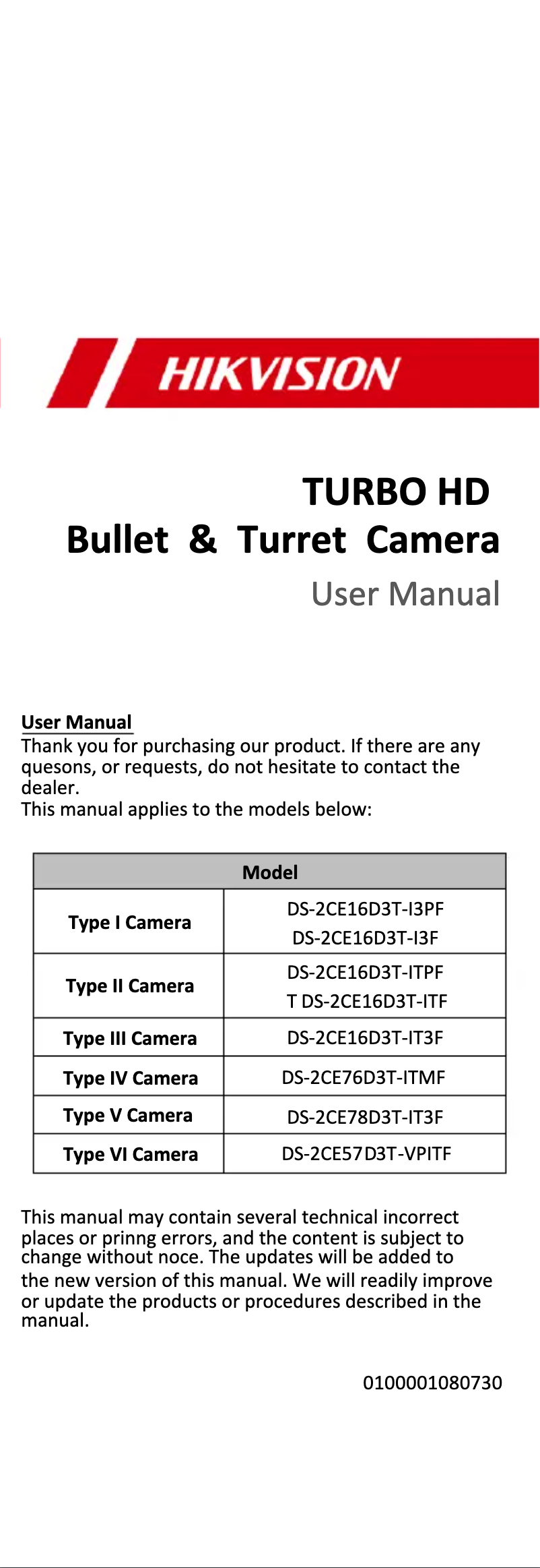 Page 1 of the manual Instruction Manual Hikvision DS-2CE16D3T-ITPF