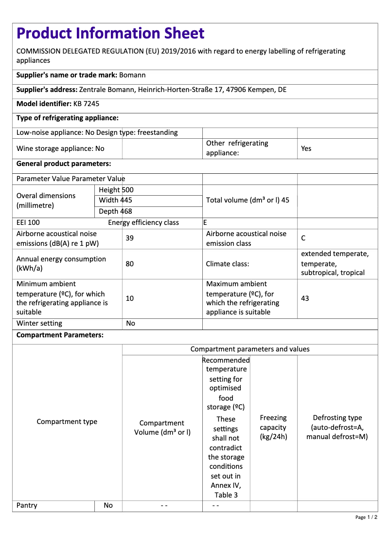 Page 1 of the manual Technical Sheet Bomann KB 7245