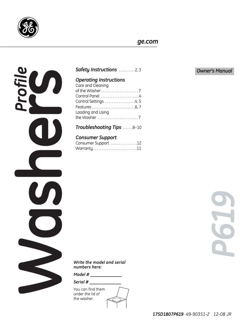 First page image of the manual for Profile WPRE8150KWT