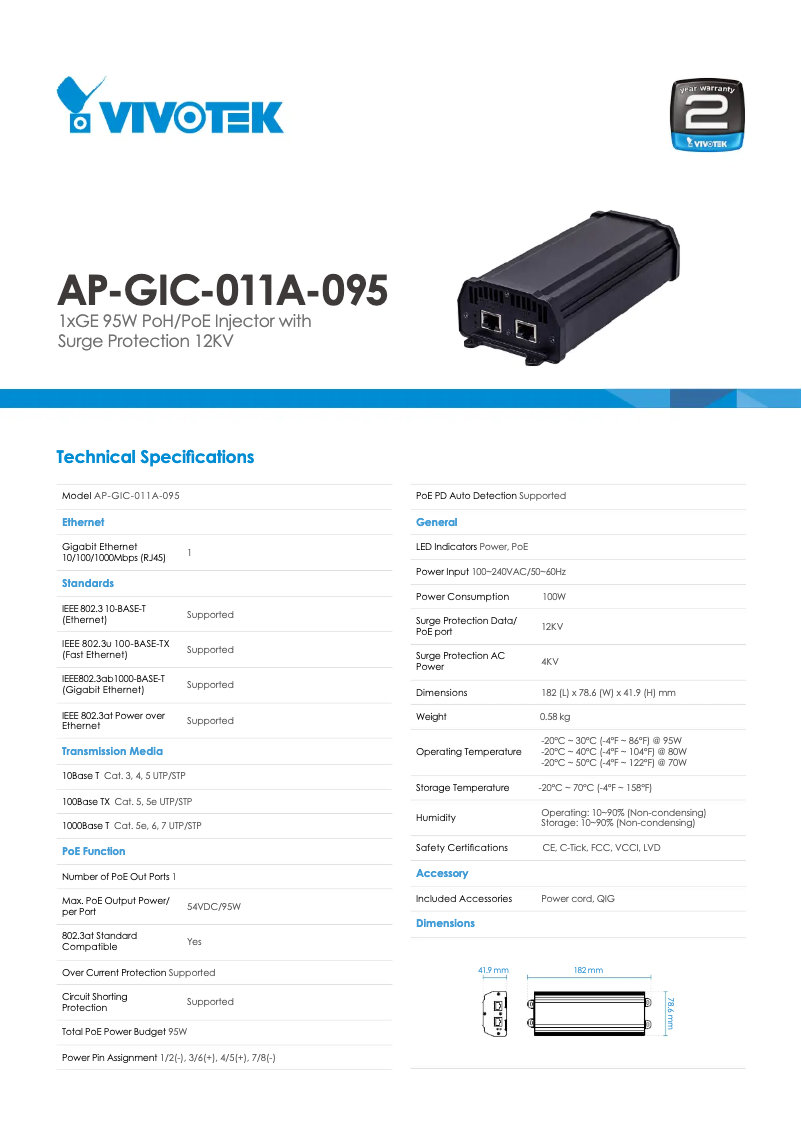 Page 1 of the manual Technical Sheet Vivotek AP-GIC-011A-095