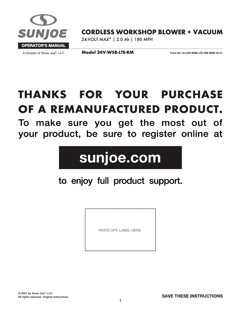Page 1 of the manual User Manual Sun Joe 24V-WSB-LTE-RM
