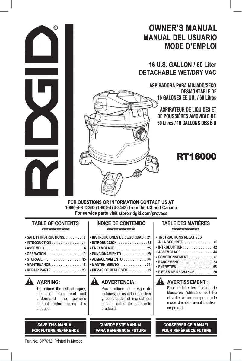 Page 1 of the manual User Manual Ridgid RT1600
