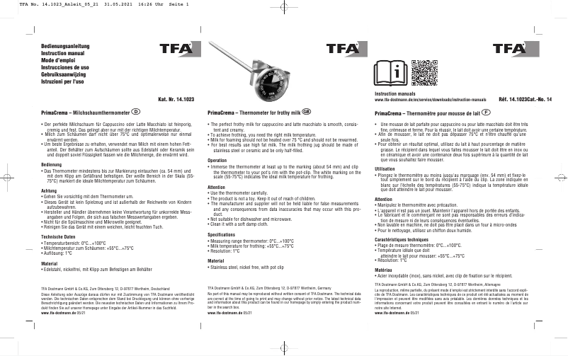 Page 1 of the manual User Manual TFA PrimaCrema 14.1023