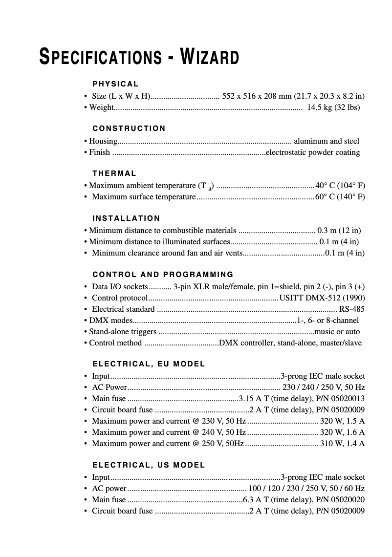 Page 1 of the manual Technical Sheet Martin Wizard