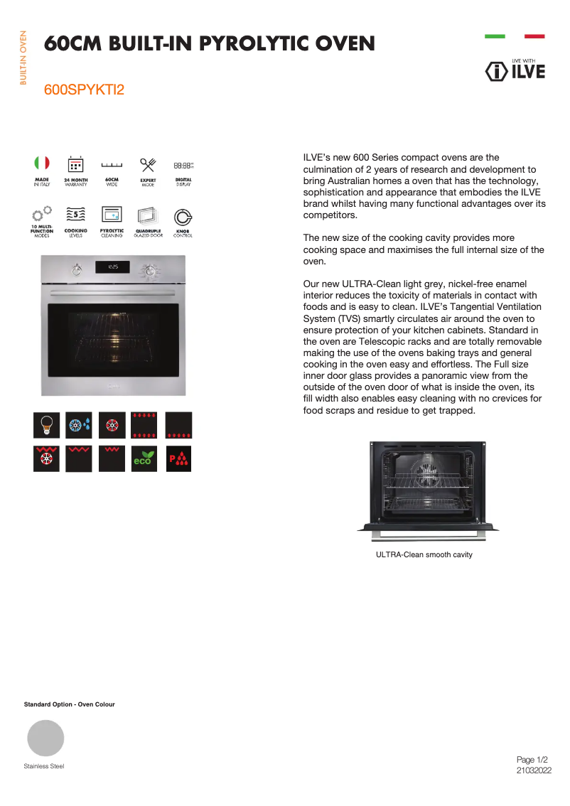Page 1 of the manual Technical Sheet Ilve 600SPYKTI2