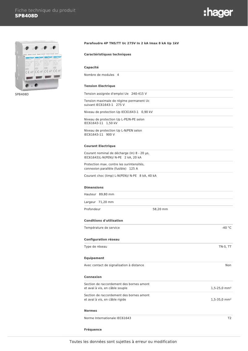 Page 1 of the manual Technical Sheet Hager SPB408D