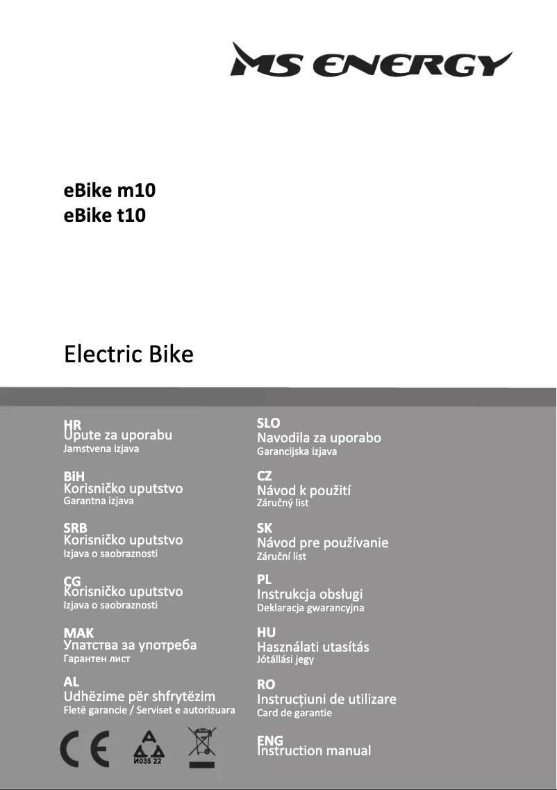 Page 1 of the manual User Manual MS Energy eBike t10