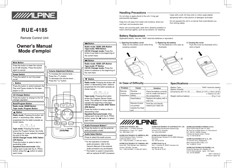 Page 1 of the manual User Manual Alpine RUE-4185