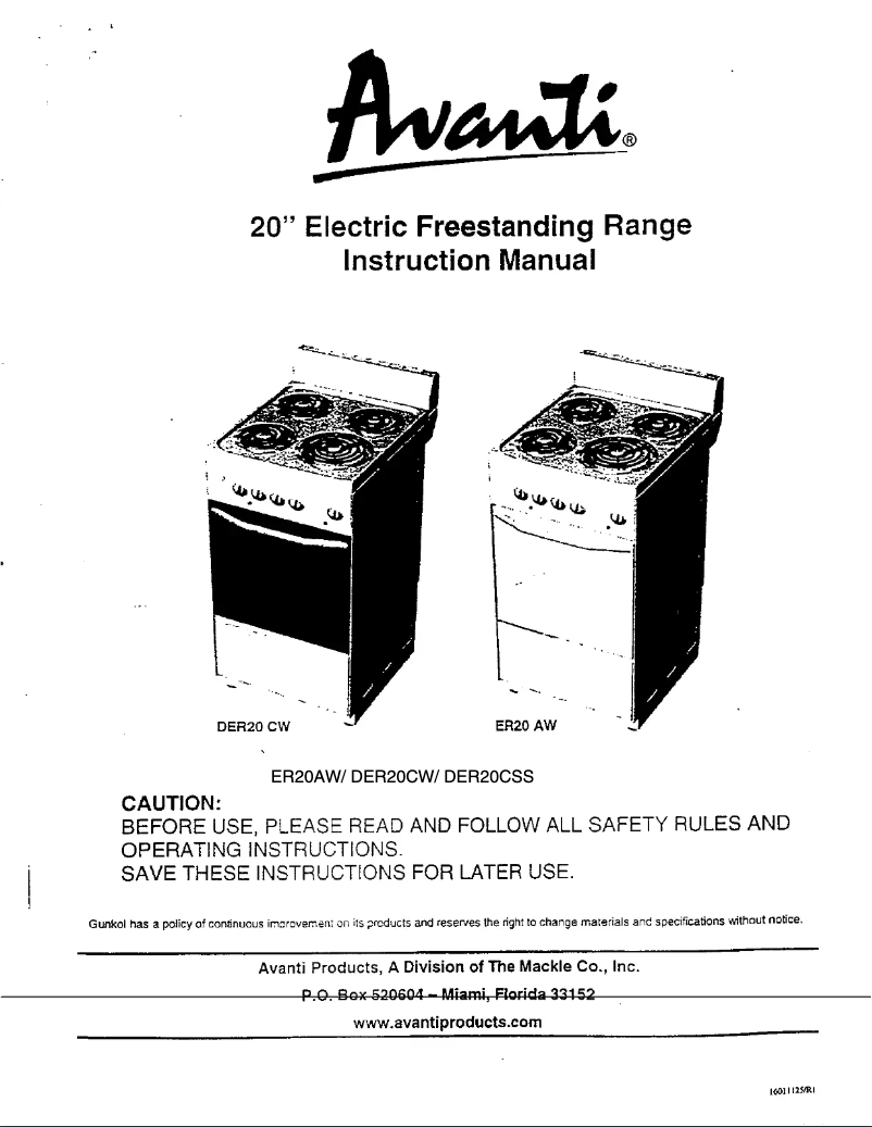 First page image of the manual for DER20CW