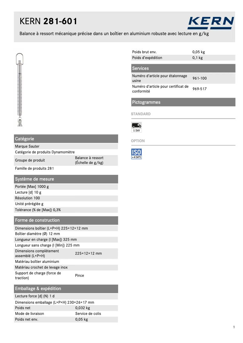Page 1 of the manual Technical Sheet Kern 281-601