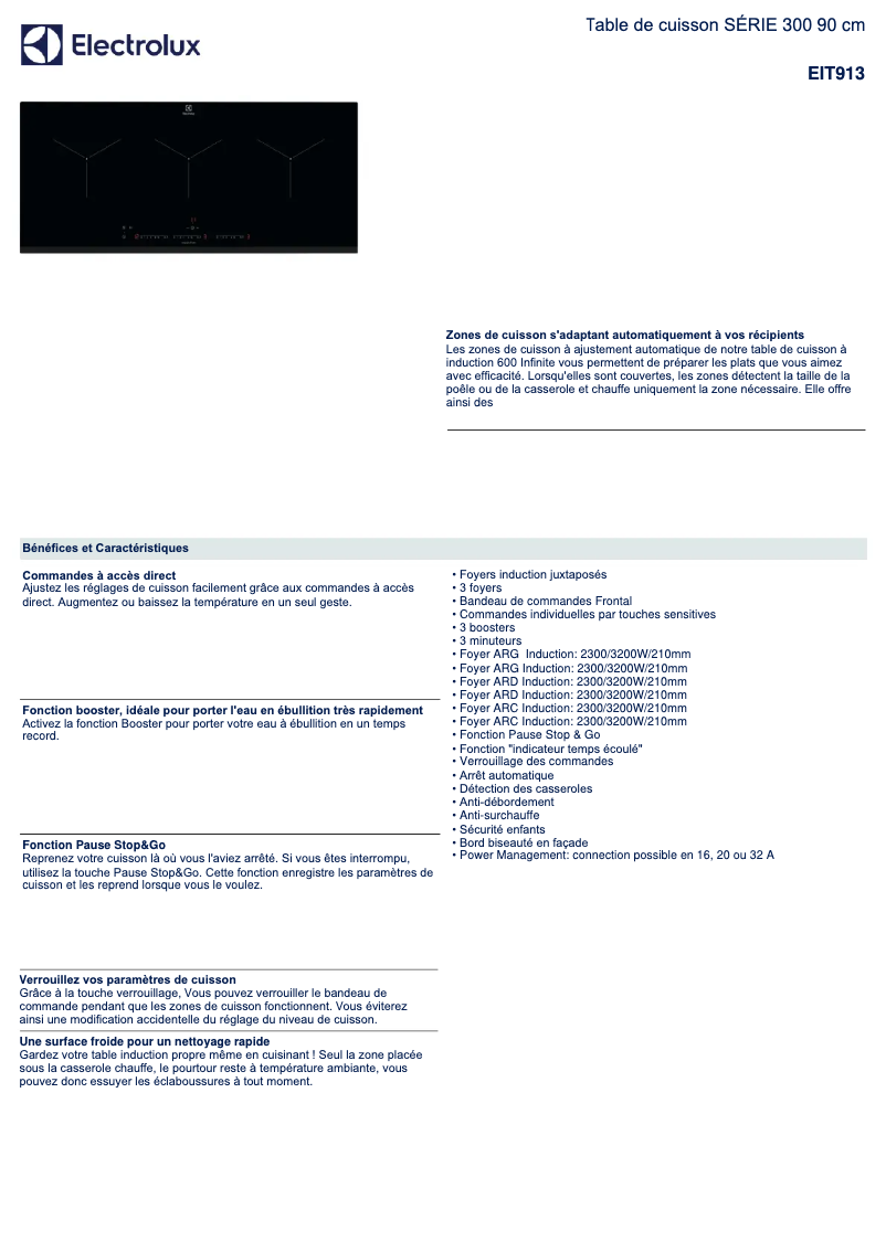 Page 1 of the manual Technical Sheet Electrolux EIT913