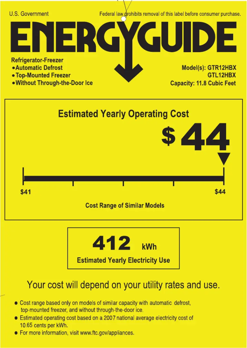 Page 1 of the manual Energy Label GE GTL12HBXRBS