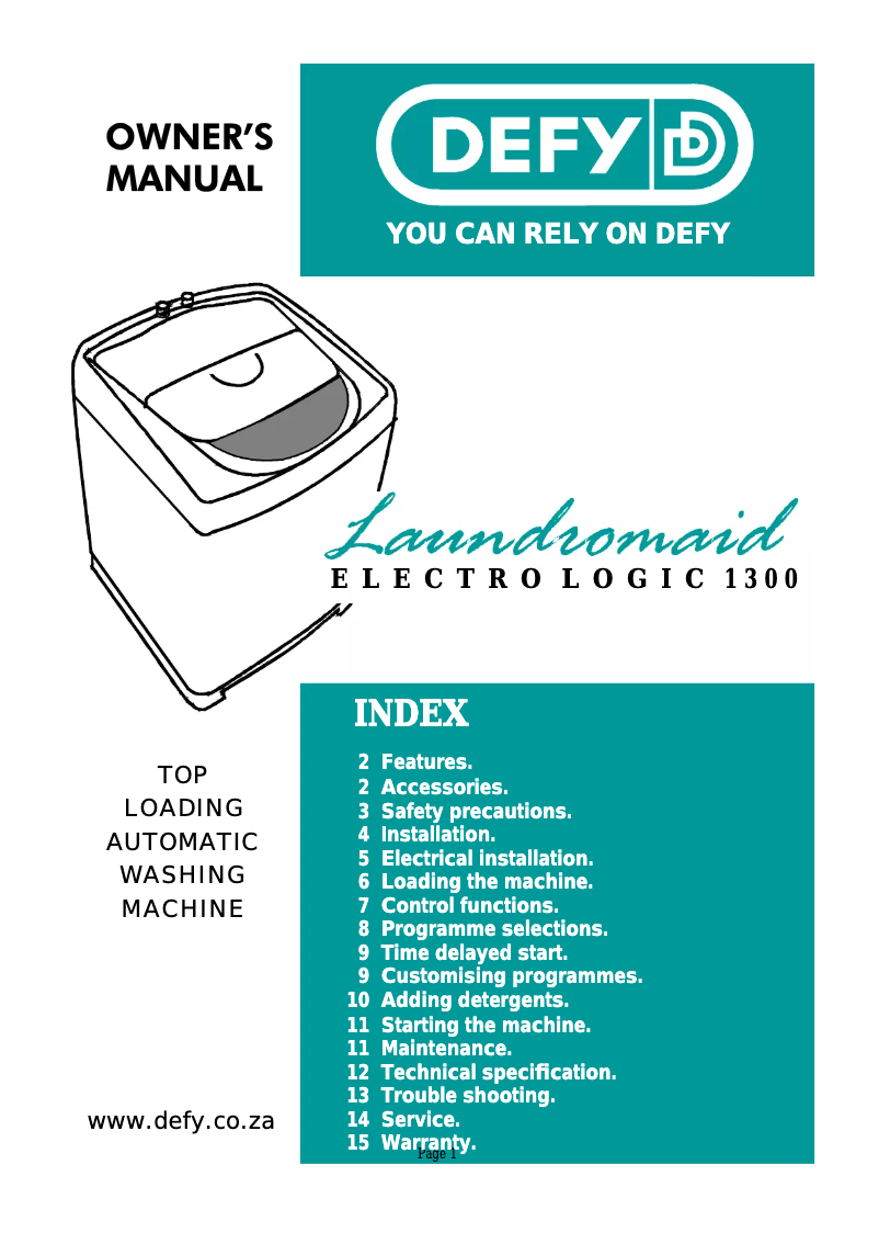 Page 1 of the manual User Manual Defy Laundromaid Electrologic 1300