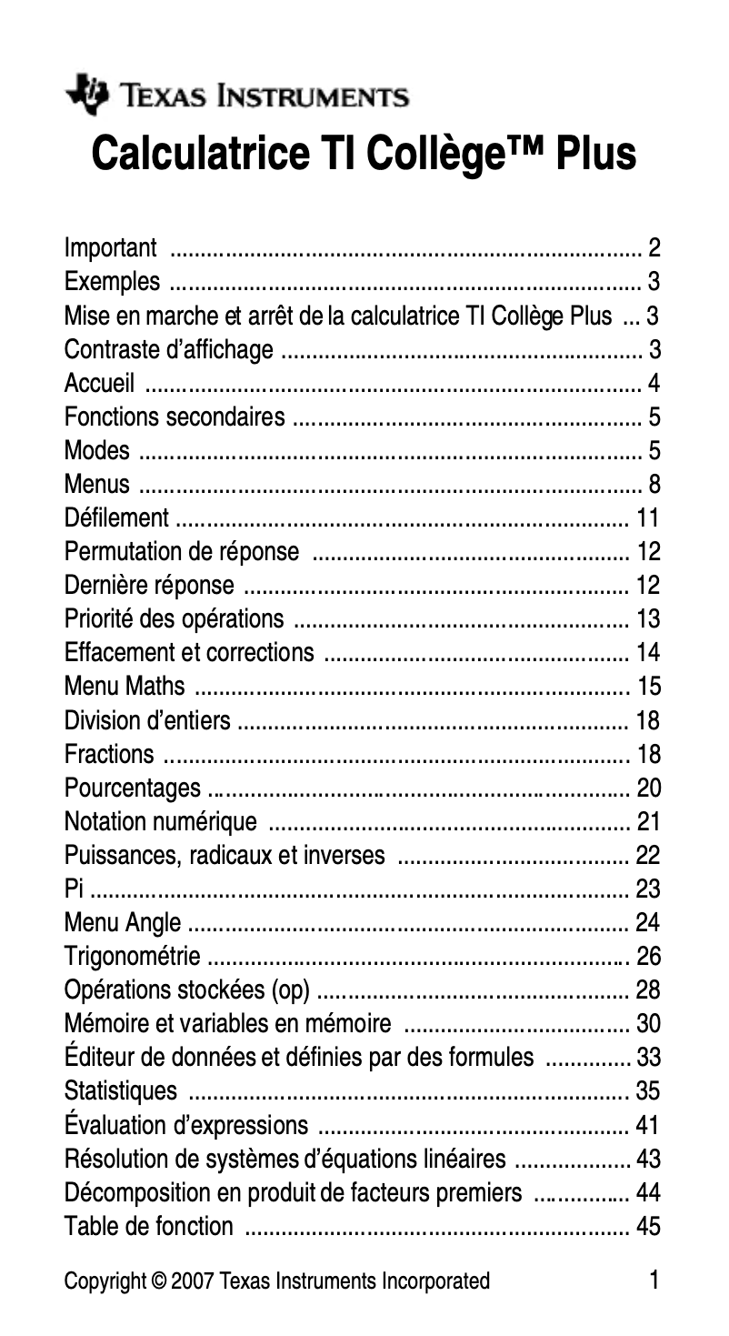 First page image of the manual for TI Collège Plus