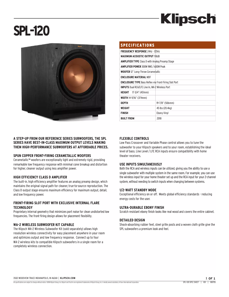 Page 1 of the manual Technical Sheet Klipsch SPL-120