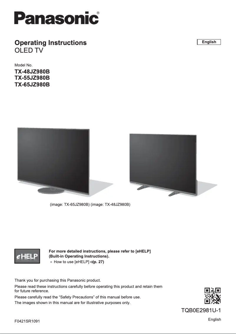 Page 1 of the manual Quick Start Guide Panasonic TX-65JZ980B