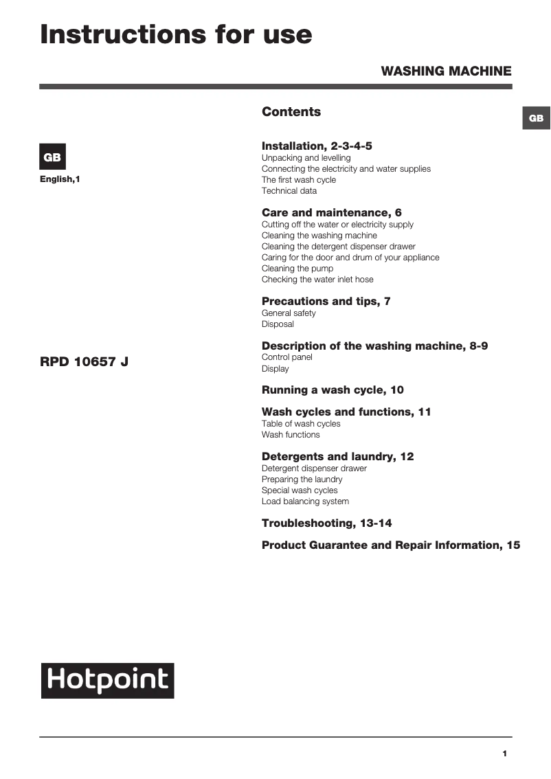 First page image of the manual for RPD 10657 J UK