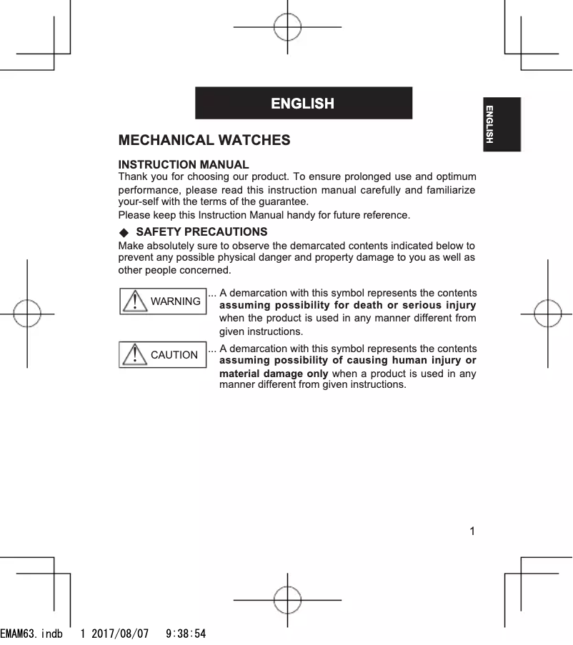 Page 1 of the manual User Manual ORIENT Classic RA-AG0003S