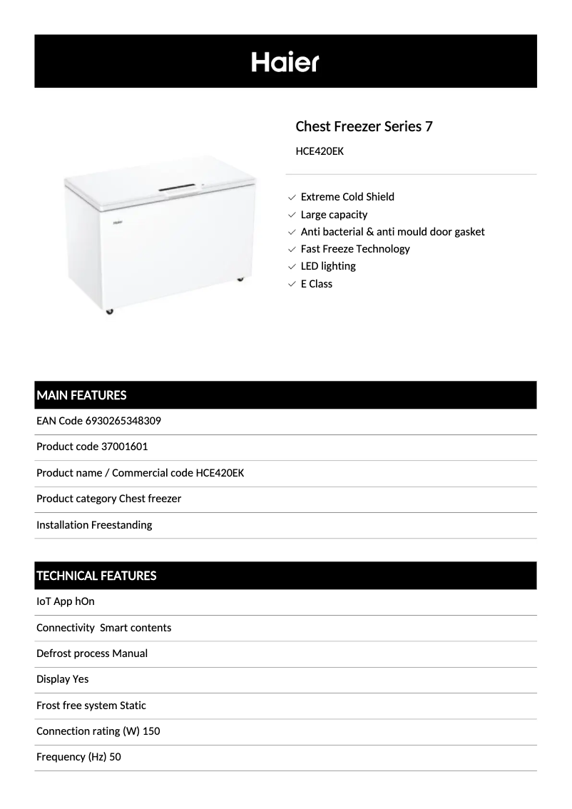 Page 1 of the manual Technical Sheet Haier HCE420EK