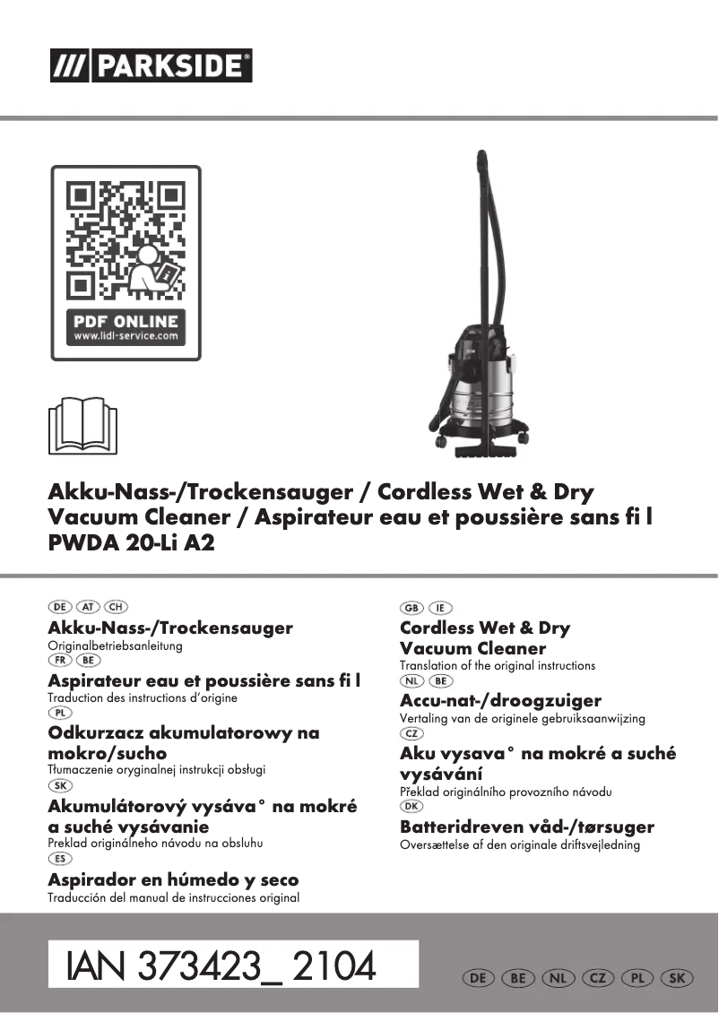 Page 1 of the manual User Manual Parkside PWDA 20-Li A1