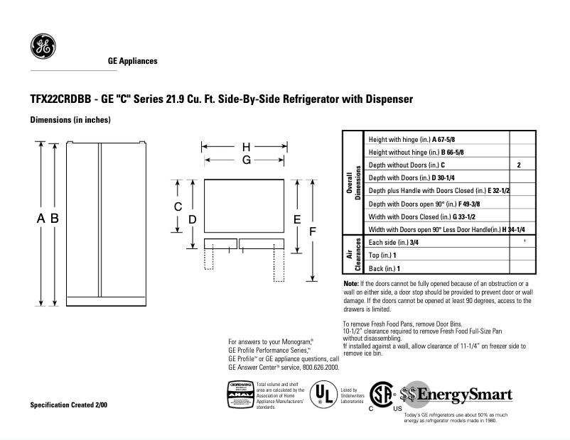 Page 1 of the manual Technical Sheet GE TFX22CRDBB