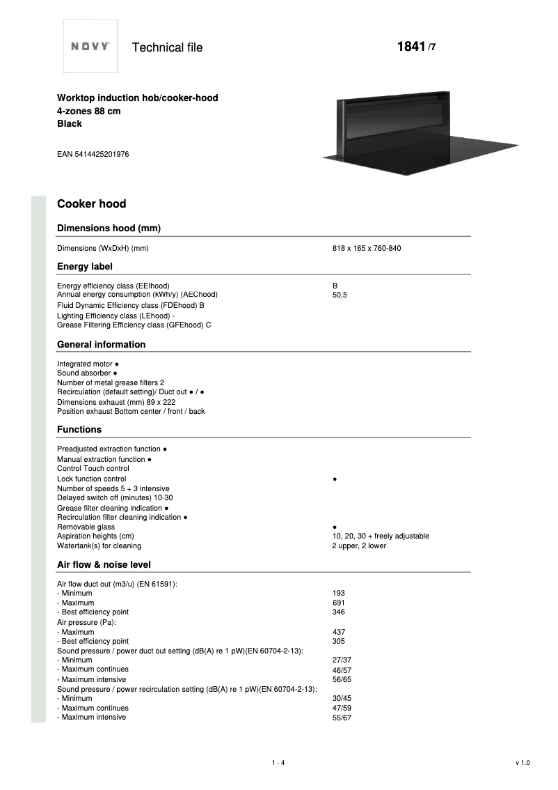 Page 1 of the manual Technical Sheet Novy Panorama Power 1841