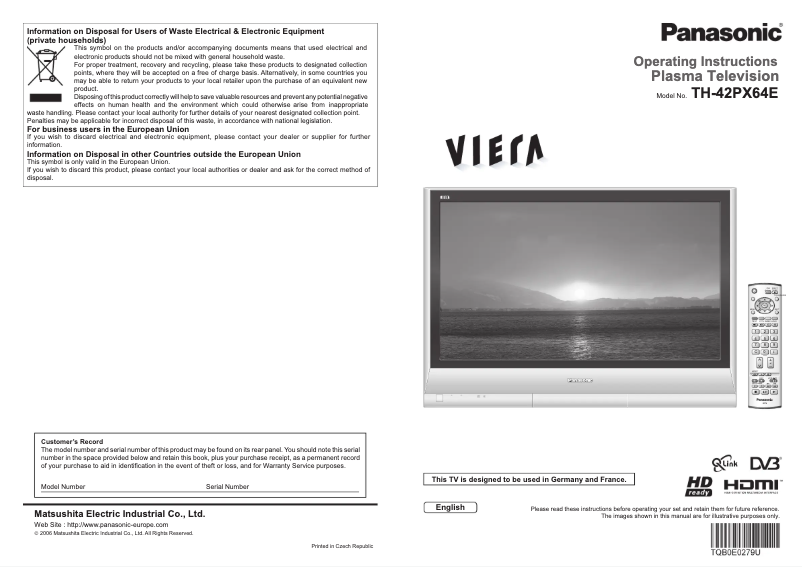 First page image of the manual for Viera TH-42PX64E