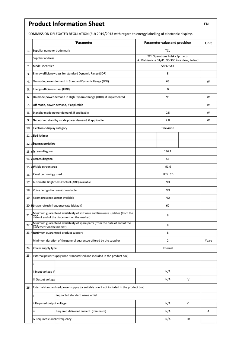 Page 1 of the manual Technical Sheet TCL 58P635