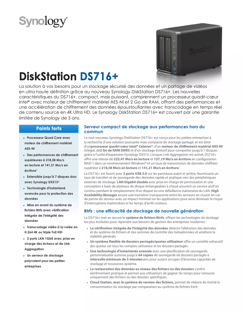 Page 1 of the manual Technical Sheet Synology DS716+