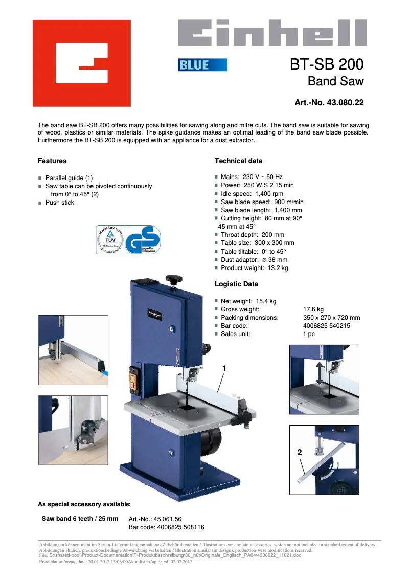 Page 1 of the manual Technical Sheet Einhell BT-SB 200