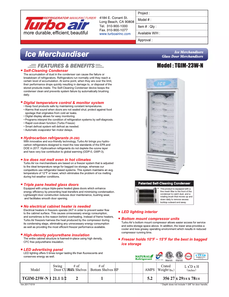 Page 1 of the manual Technical Sheet Turbo air TGIM-23