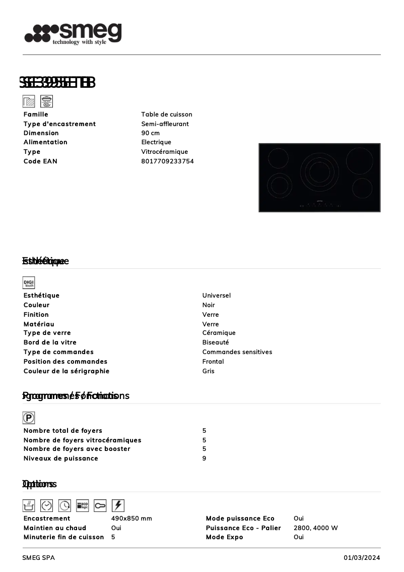 Page 1 of the manual Technical Sheet Smeg SE395ETB