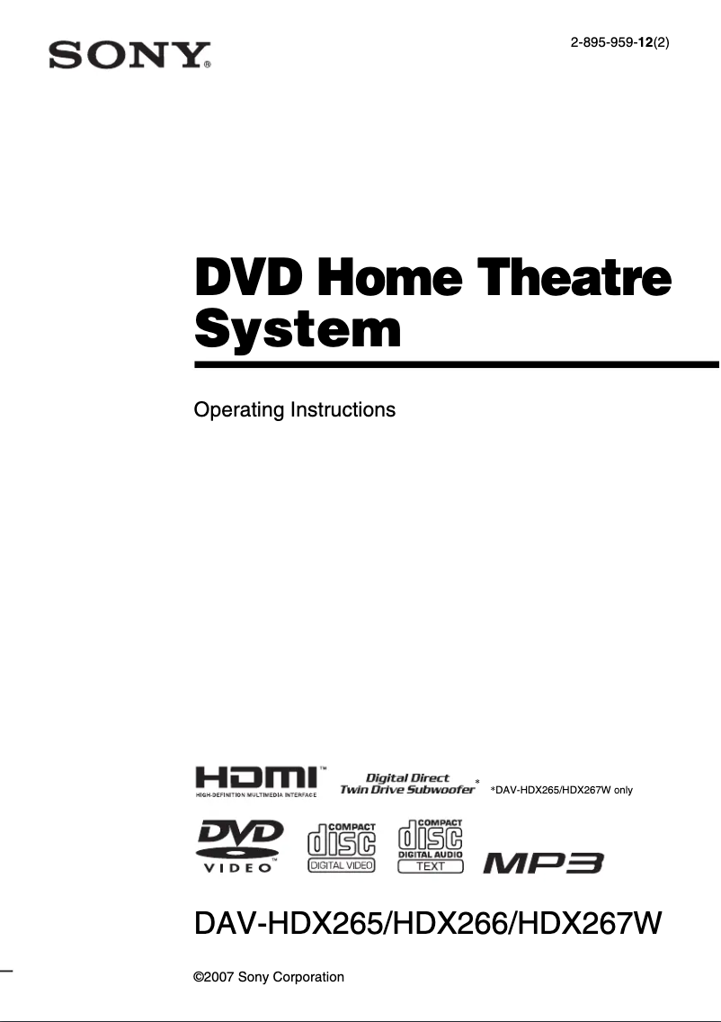 First page image of the manual for DAV-HDX267W