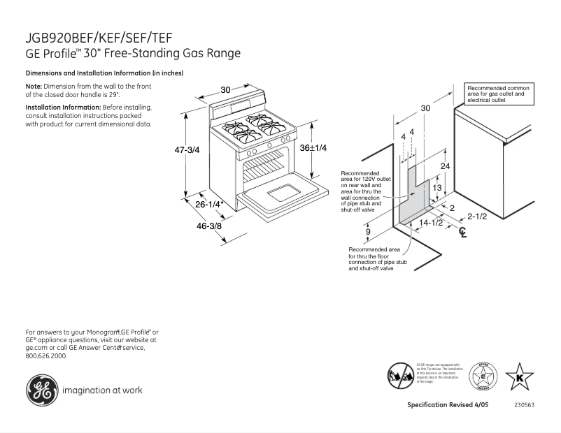 Page 1 of the manual Technical Sheet GE Profile JGB920BEFBB