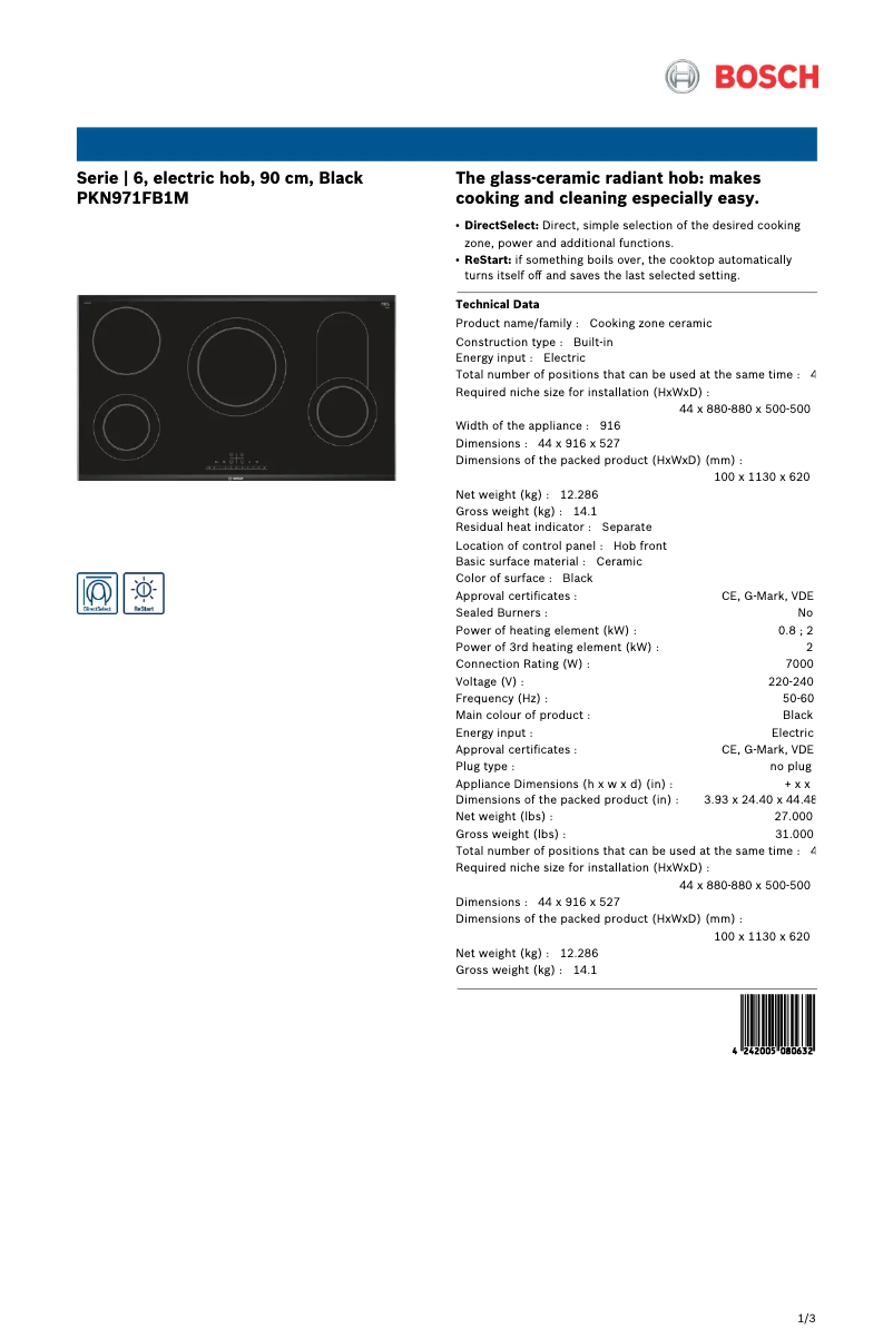Page 1 of the manual Technical Sheet Bosch PKN971FB1M