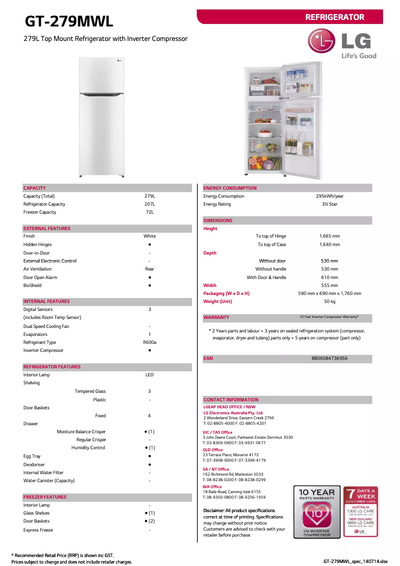 Page 1 of the manual Technical Sheet LG GT-279MWL