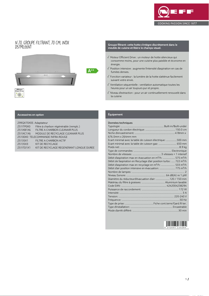 Page 1 of the manual Technical Sheet Neff D57ML66N1