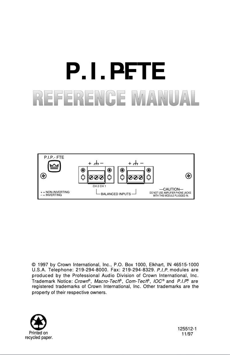 First page image of the manual for P.I.P.-FTE