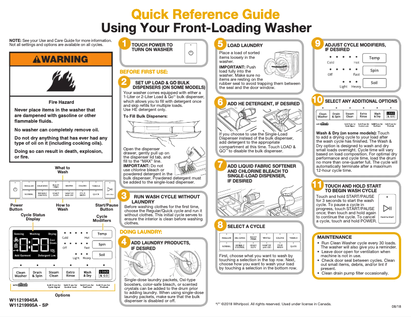 Page 1 of the manual Quick Start Guide Whirlpool WFW8620HC