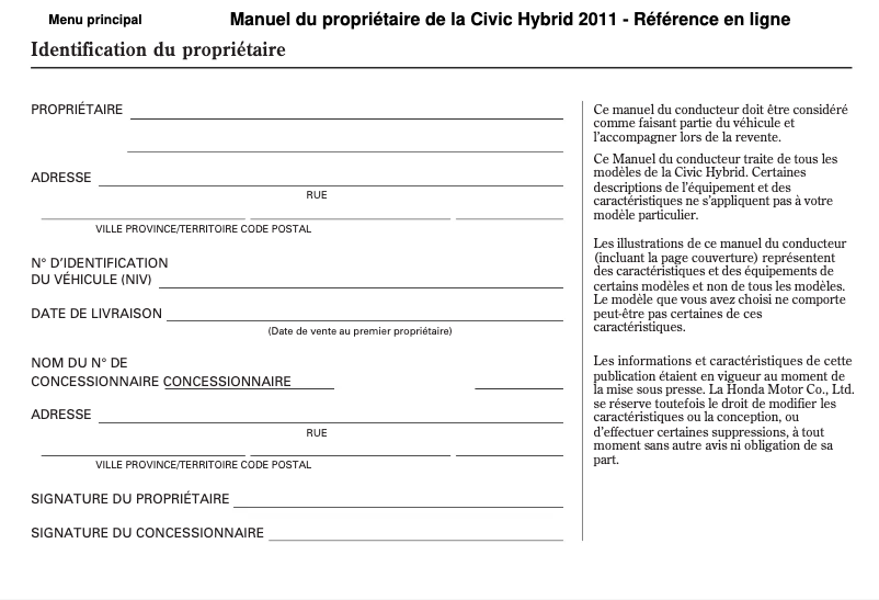 Page 1 of the manual User Manual Honda Civic Hybrid (2011)