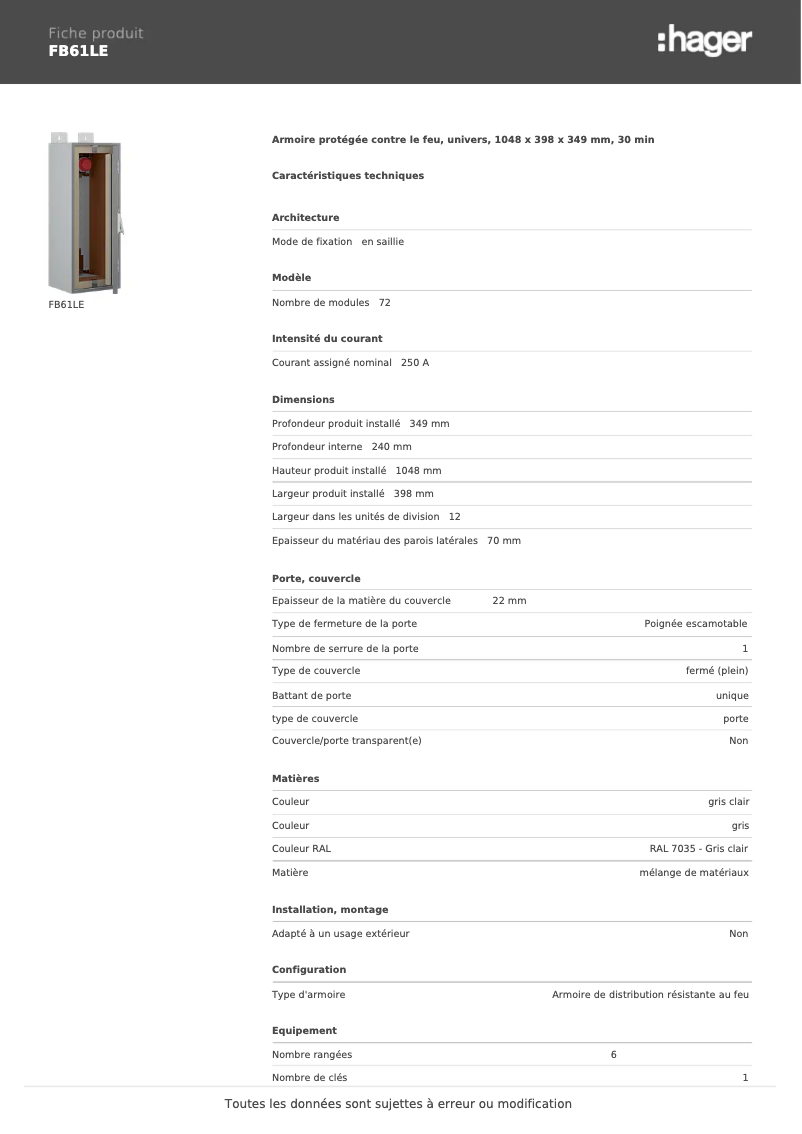 Page 1 of the manual Technical Sheet Hager FB61LE