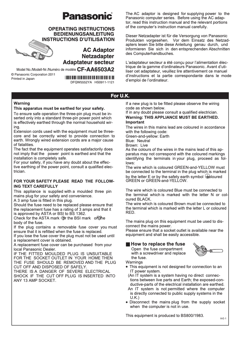 Page 1 de la notice Manuel utilisateur Panasonic CF-AA6503A2G